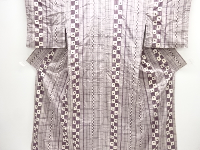 格子に花模様織出し手織り紬着物